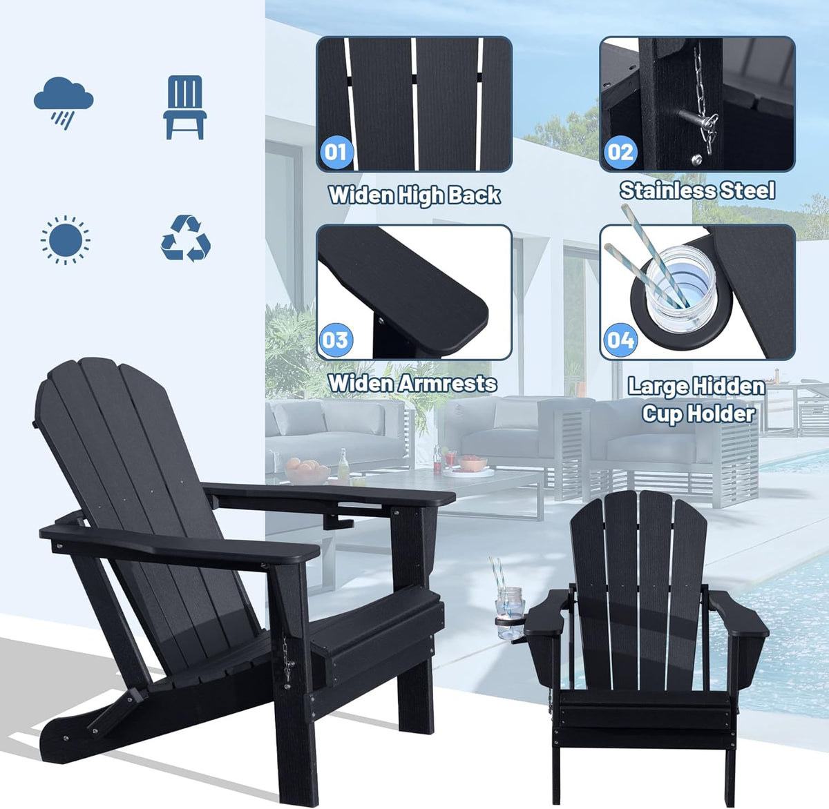 Black Folding Adirondack Chair with Cup Holder - HDPE Outdoor Patio Seating