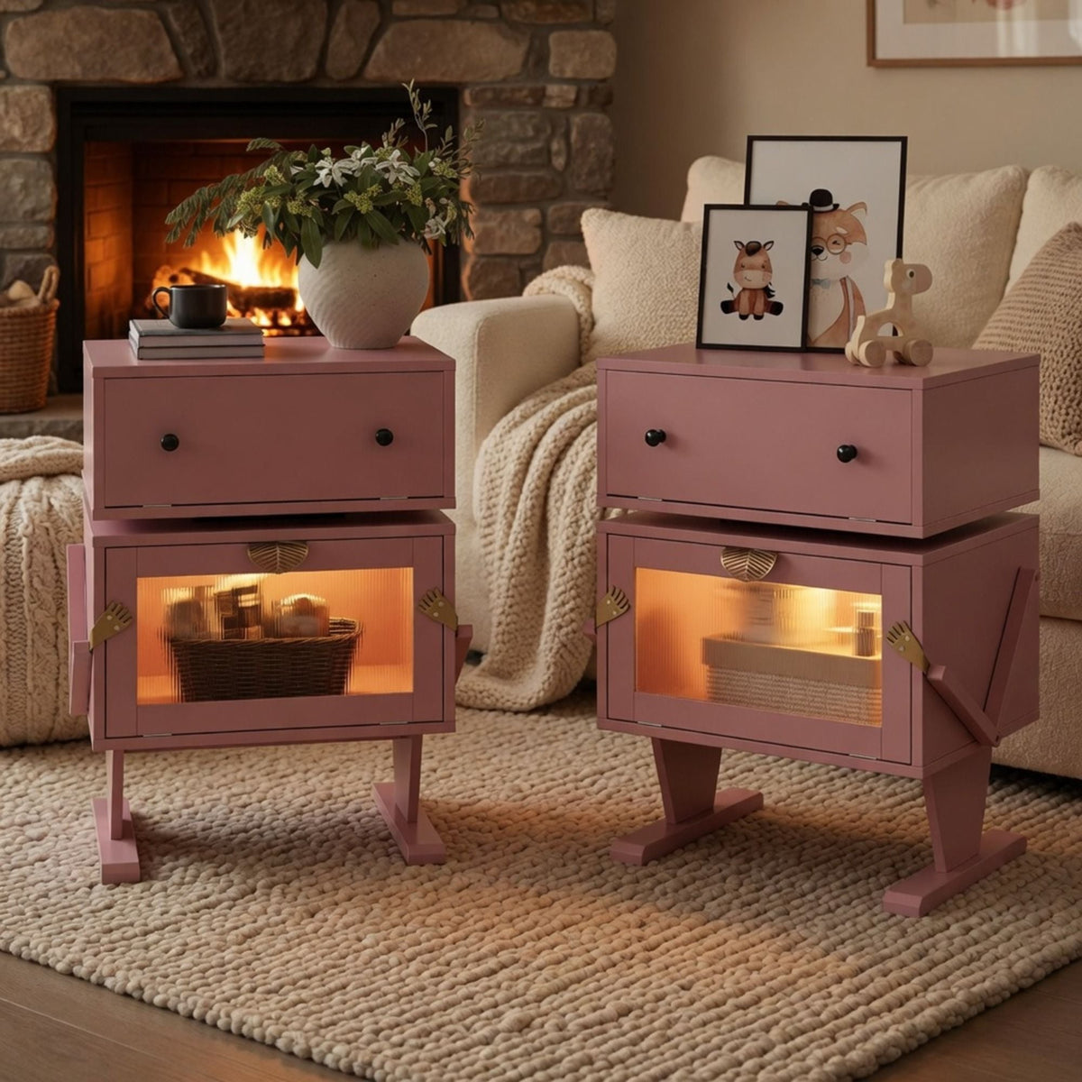 Robot LED Nightstand with 360° Rotating Drawer - White, Pink, or Green