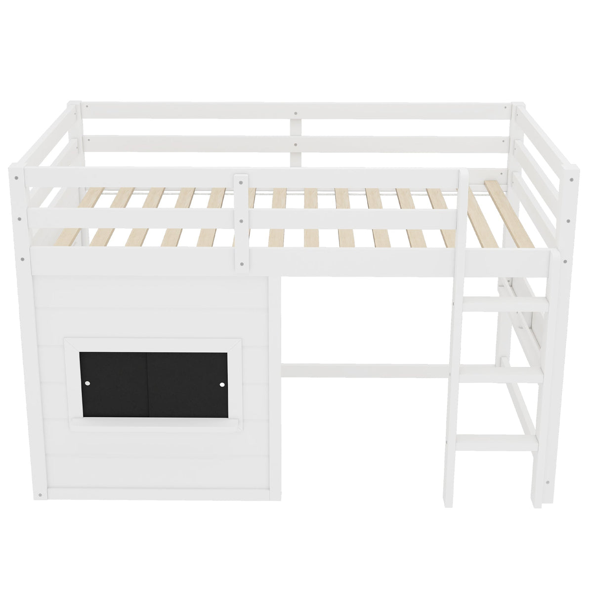 Twin Size Loft Bed with Sliding Chalkboard & Bookshelf - White