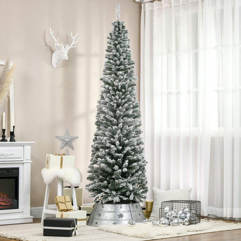 7.5' Tall Slim Artificial Christmas Tree with Snow-Flocked Branches - White