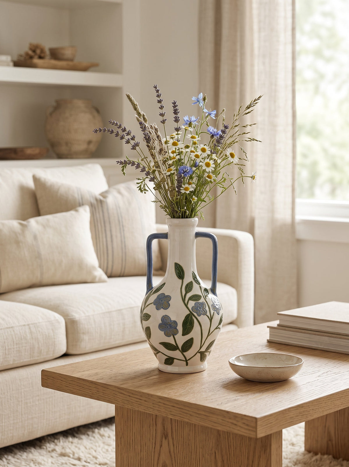 Floral Amphora Ceramic Vase with Elegant Floral Design - Blue, Green & White