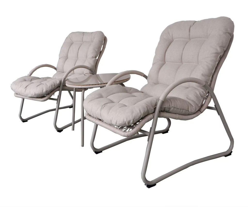 Outdoor Iron Framed Wicker 3-Piece Patio Set with Lounge Chair and Table - Off-White
