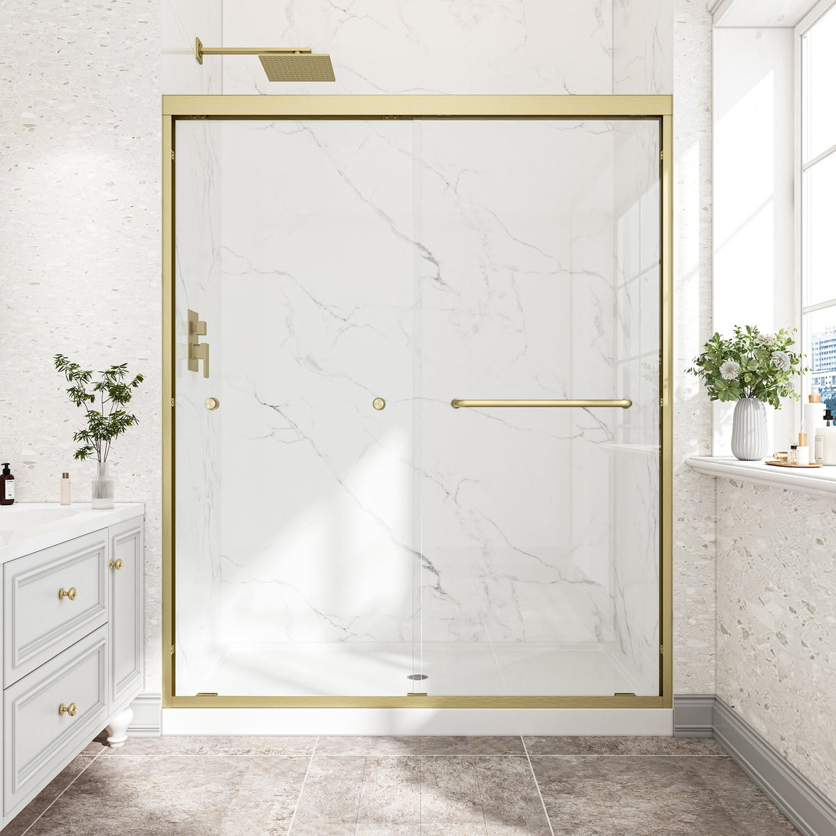 55-60" Adjustable Brushed Shower Door with Tempered Glass - Brushed Gold