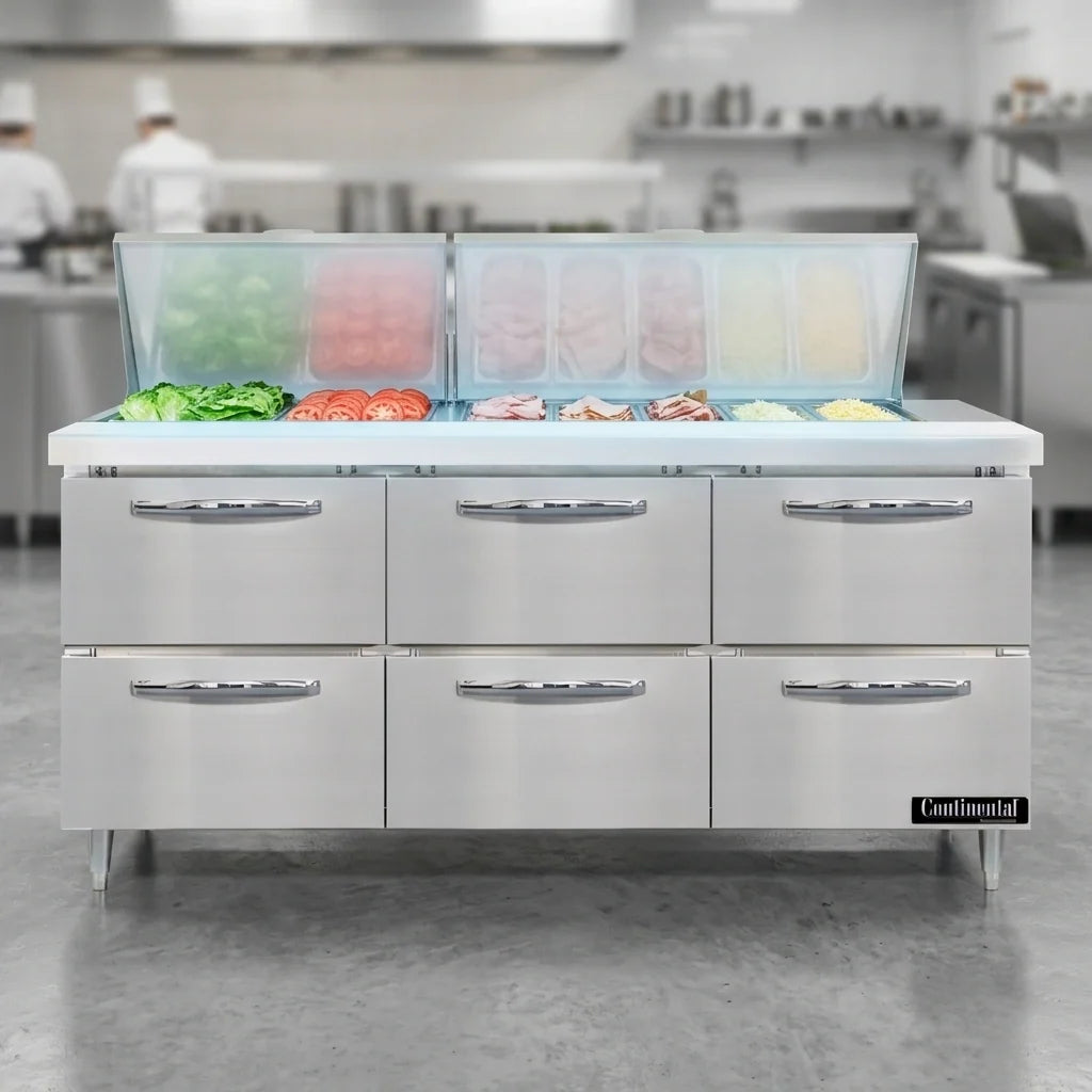 Continental Refrigerator Designer Line D72N27M-D 72" Three-Section Refrigerated Sandwich Prep Table, 6 Drawers, 27-Pan Capacity