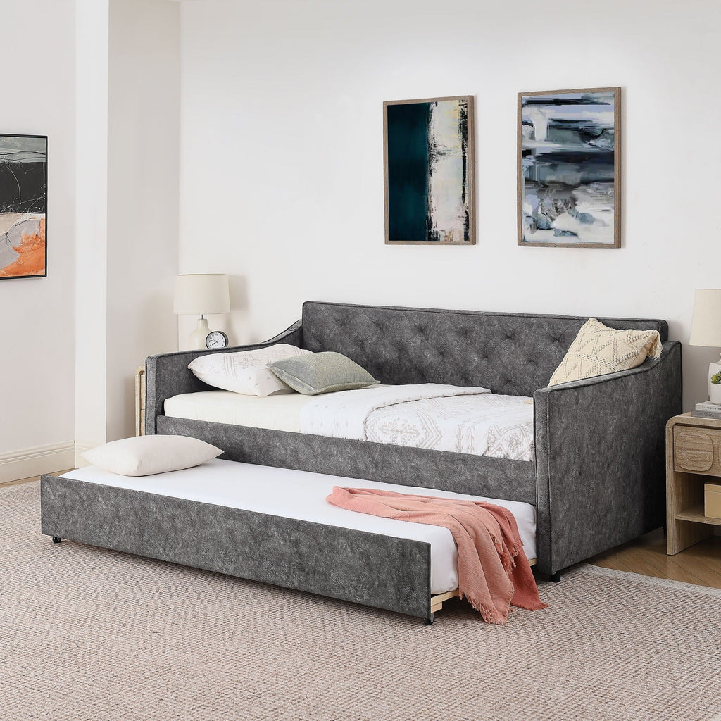 Twin Trundle Bed with Pop Up Trundle and USB Charging Armrest - Multiple Colors