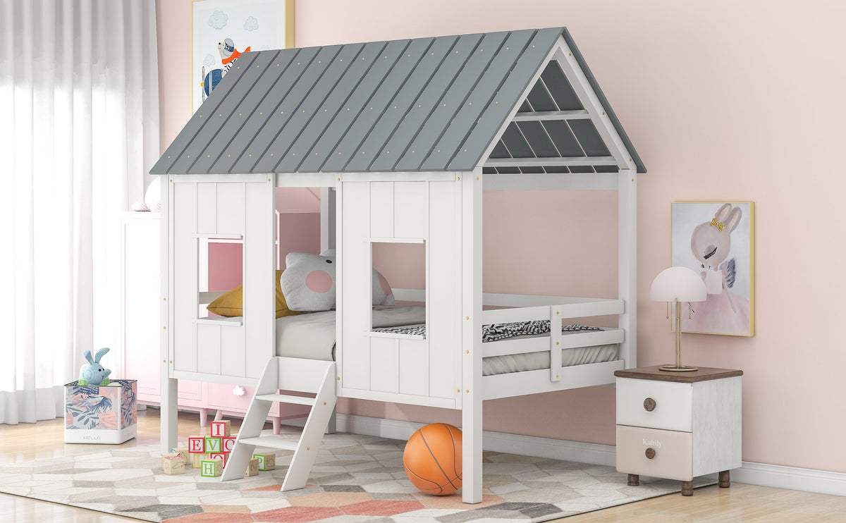 Twin Size Low Loft House Bed with Roof and Two Front Windows