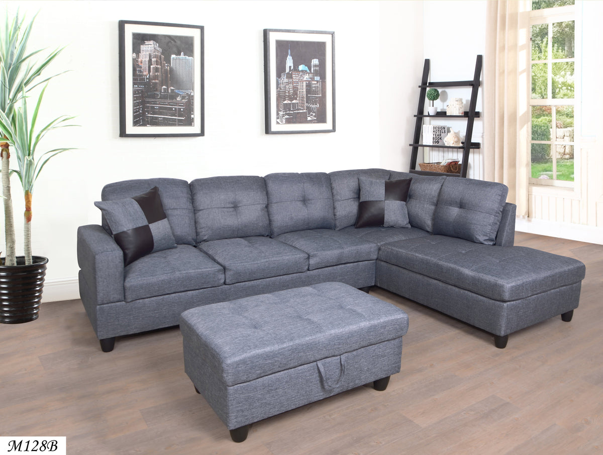 3 PC Sectional Sofa Set with Storage Ottoman - Gray