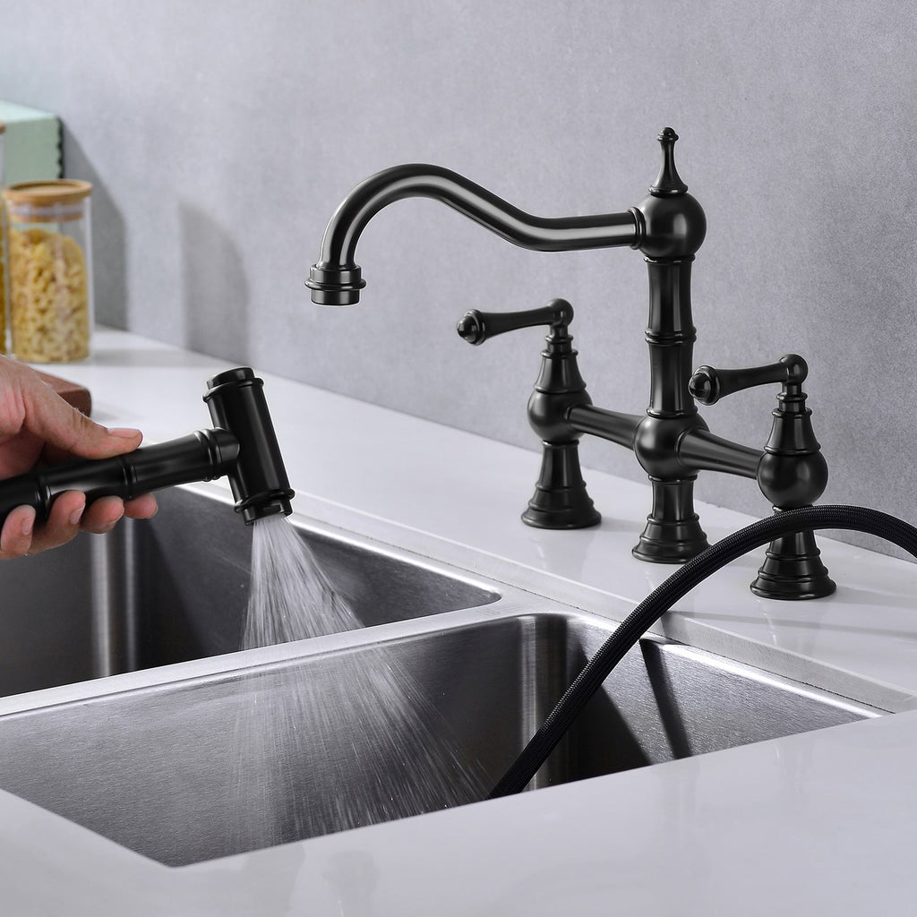 Bridge Dual Handles Kitchen Faucet with Pull-Out Side Spray - Brass