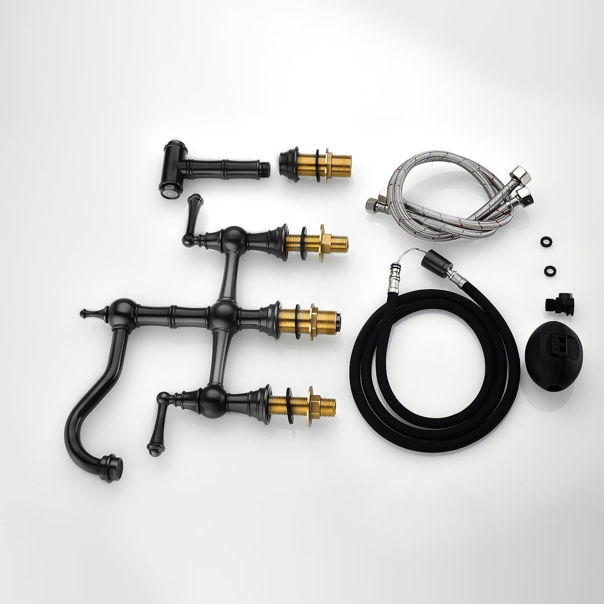 Bridge Dual Handles Kitchen Faucet with Pull-Out Side Spray - Brass