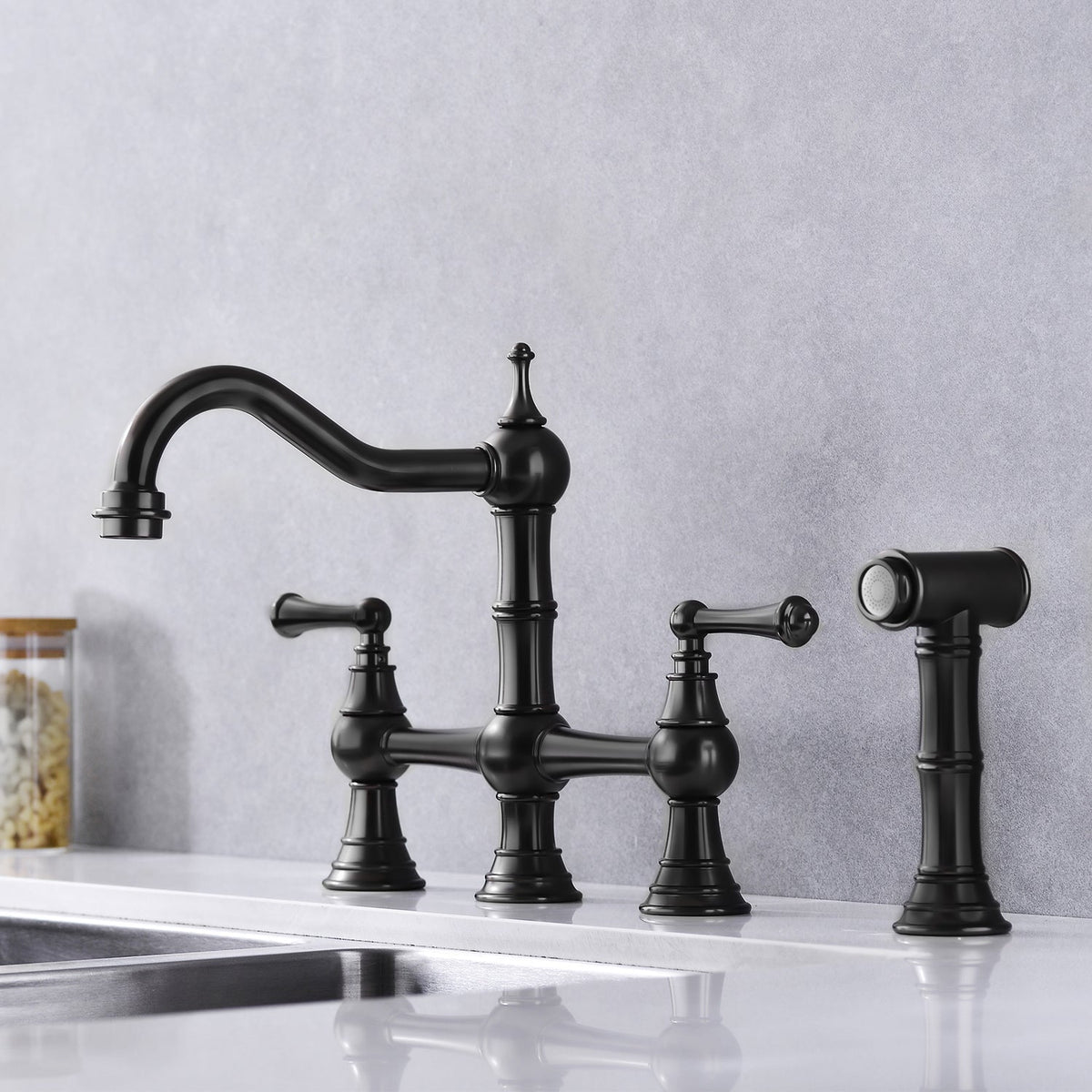 Bridge Dual Handles Kitchen Faucet with Pull-Out Side Spray - Brass