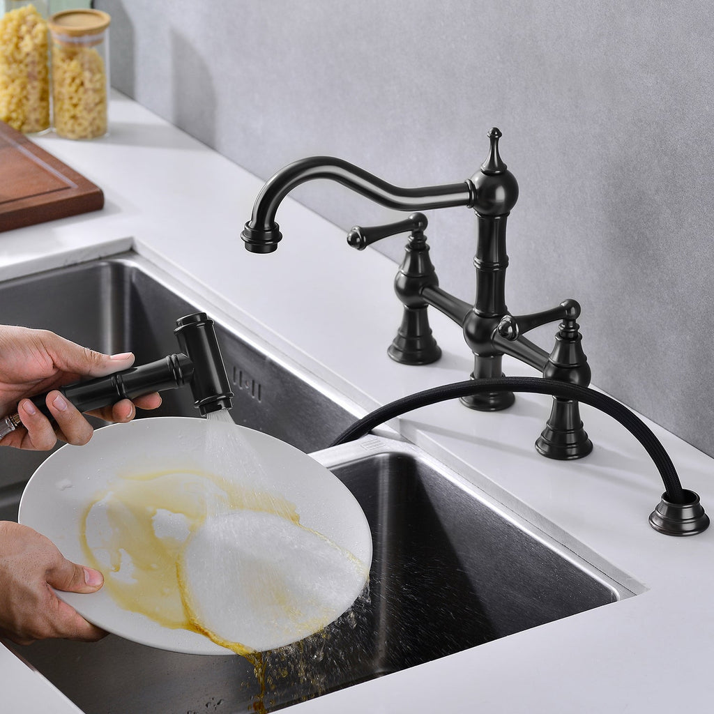 Bridge Dual Handles Kitchen Faucet with Pull-Out Side Spray - Brass