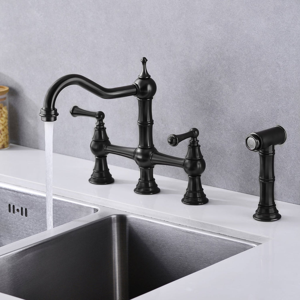 Bridge Dual Handles Kitchen Faucet with Pull-Out Side Spray - Brass