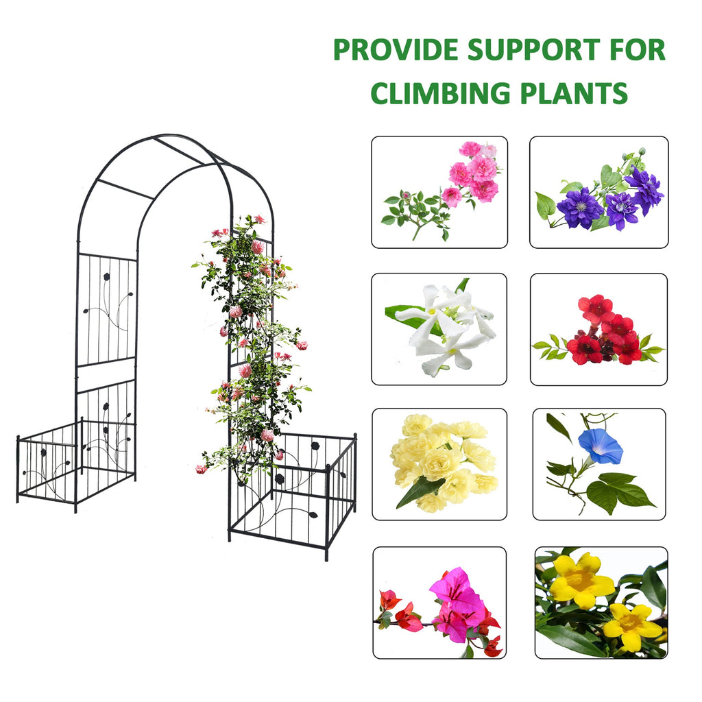 Metal Garden Arch with Two Plant Stands – Iron Trellis for Climbing Plants