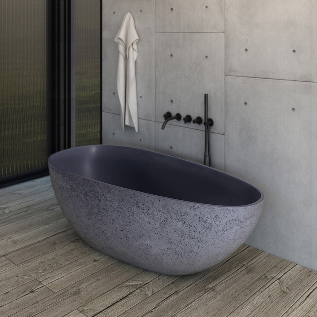65 Inch Freestanding Solid Surface Soaking Bathtub with Contemporary Matte Finish - Cement Grey