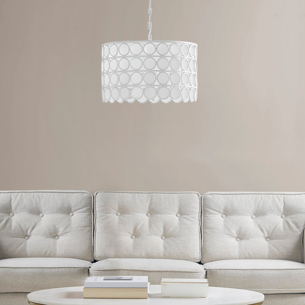 4-Light Glass Drum Shade Chandelier with Frosted Glass - White