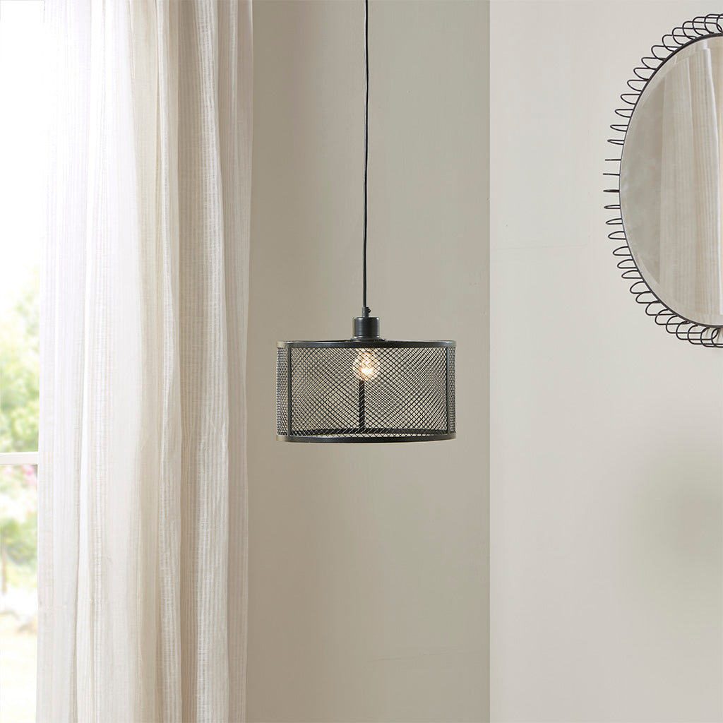Metal Mesh Pendant Light with Iron Cage Drum Shade - Black