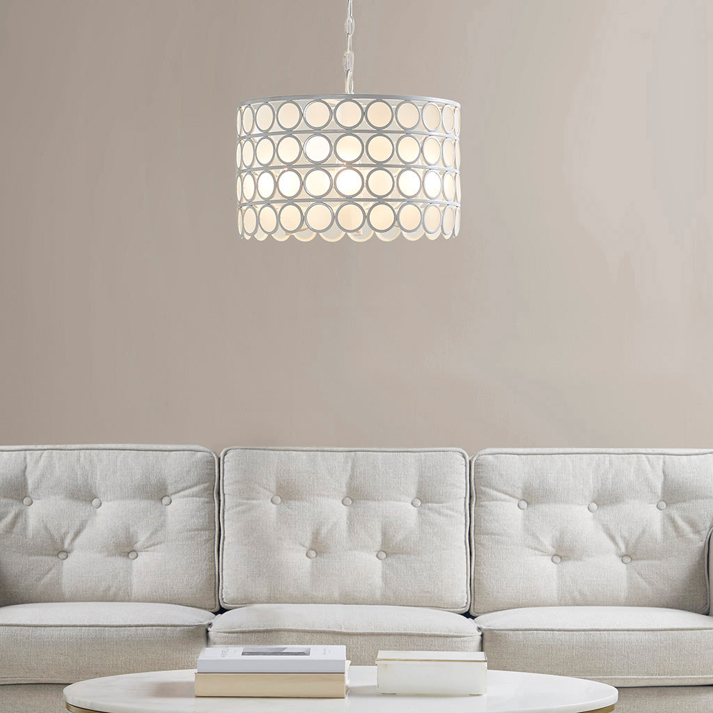 4-Light Glass Drum Shade Chandelier with Frosted Glass - White