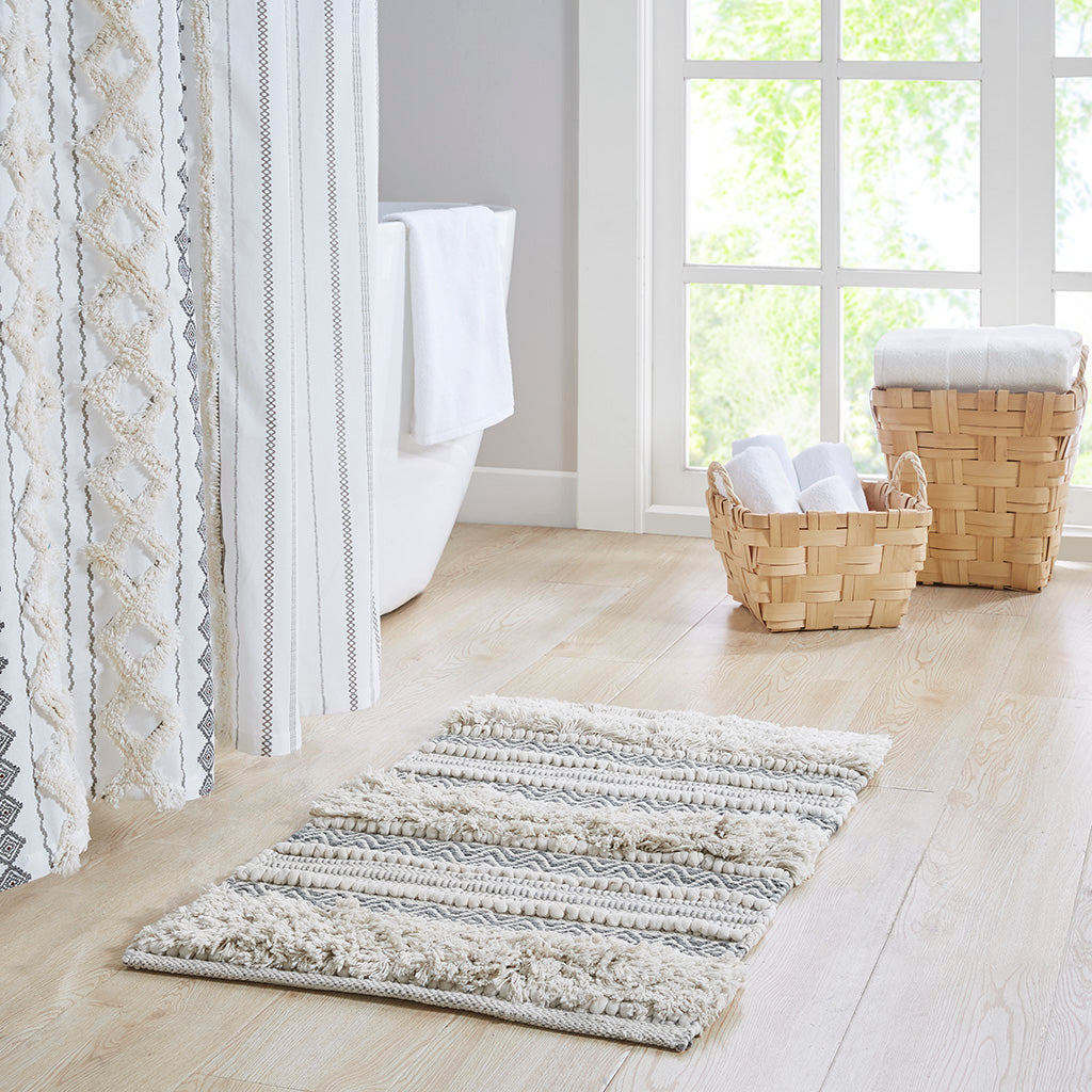 Woven Texture Stripe Bath Rug with Durable Hot Melt Backing - Grey or Multicolor