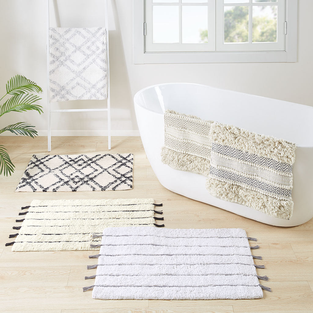 Woven Texture Stripe Bath Rug with Durable Hot Melt Backing - Grey or Multicolor