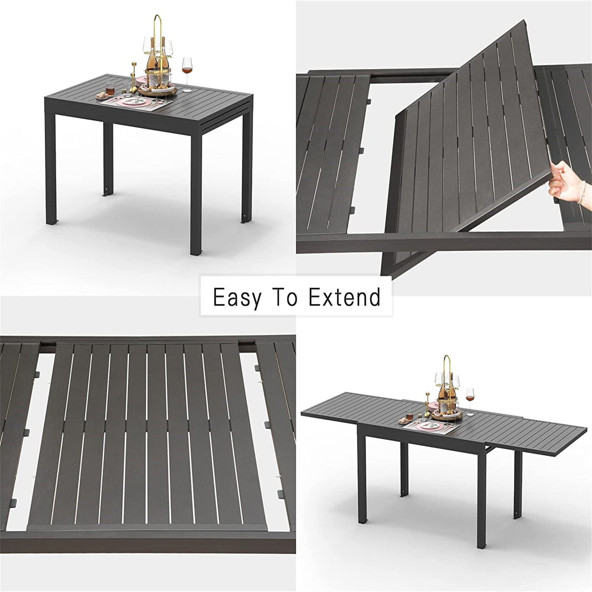 Expandable Aluminum Patio Dining Table with Rectangular Design - Black