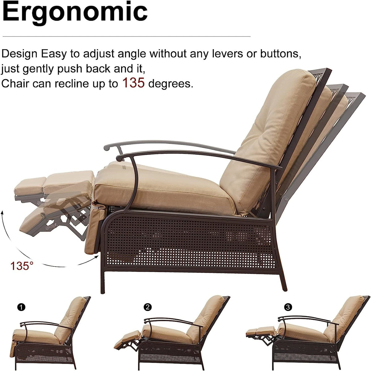Patio Recliner Chair with Cushions and Adjustable Reclining Back - Steel Frame