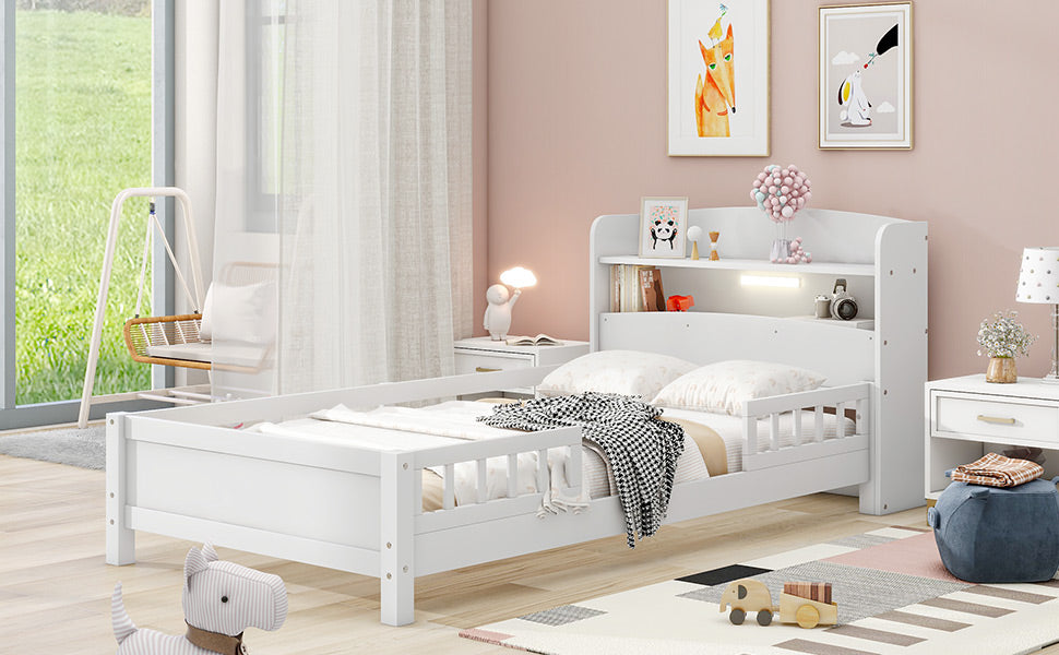 Wood Twin Size Platform Bed with Built-in LED Light, Storage Headboard and Guardrail