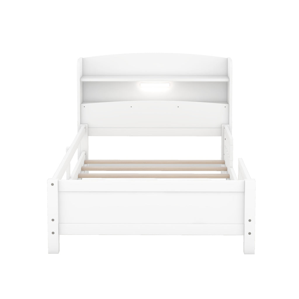 Wood Twin Size Platform Bed with Built-in LED Light, Storage Headboard and Guardrail