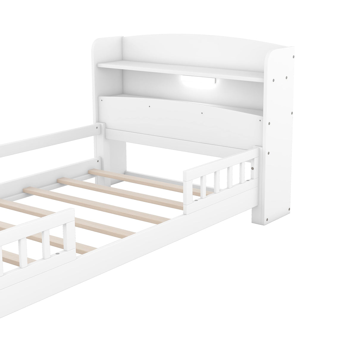 Wood Twin Size Platform Bed with Built-in LED Light, Storage Headboard and Guardrail