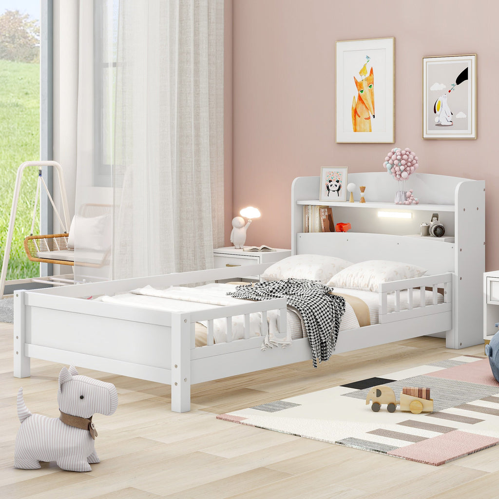 Wood Twin Size Platform Bed with Built-in LED Light, Storage Headboard and Guardrail
