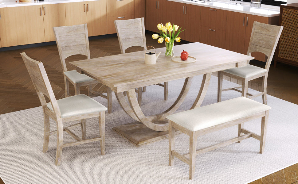 6-Piece Wood Dining Table Set with Half Round Legs - Seats 6