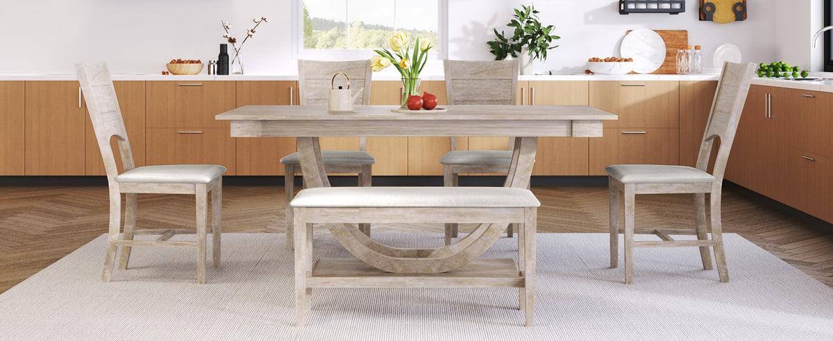 6-Piece Wood Dining Table Set with Half Round Legs - Seats 6