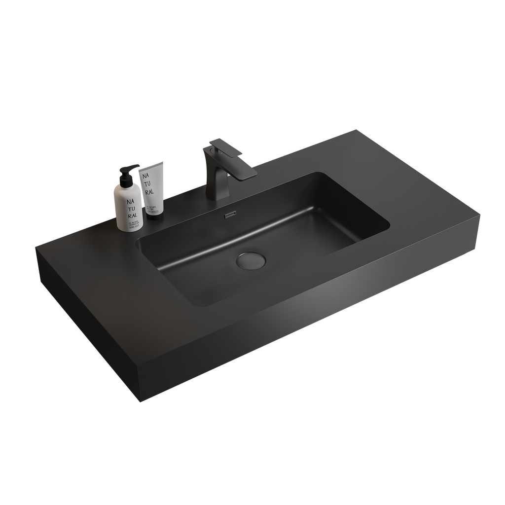 Matte Black Integrated Solid Surface Basin with Built-in Overflow - Matt Black