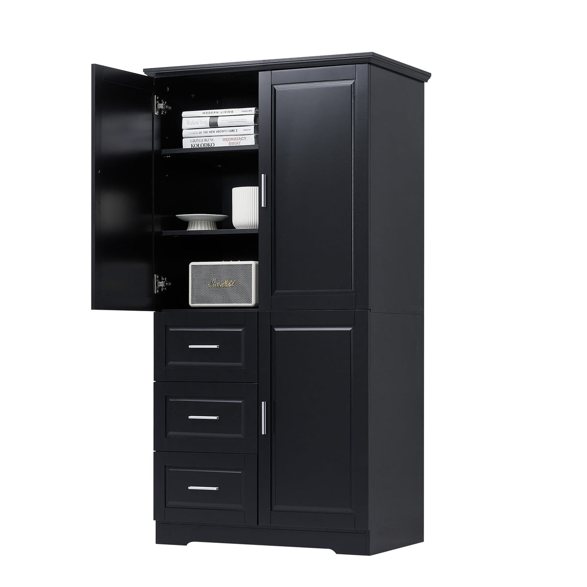 Tall and Wide Storage Cabinet with Doors - Black