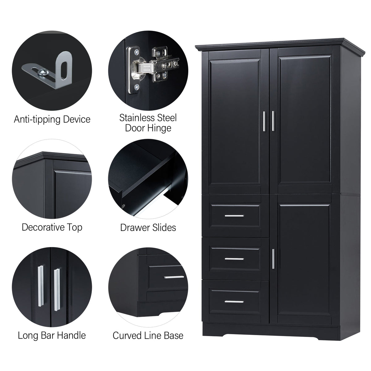Tall and Wide Storage Cabinet with Doors - Black