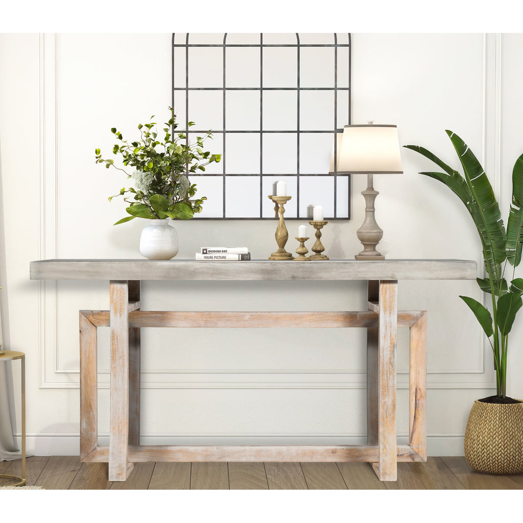 59 Inch Artisan Console Table with Geometric Base - Distressed Matte