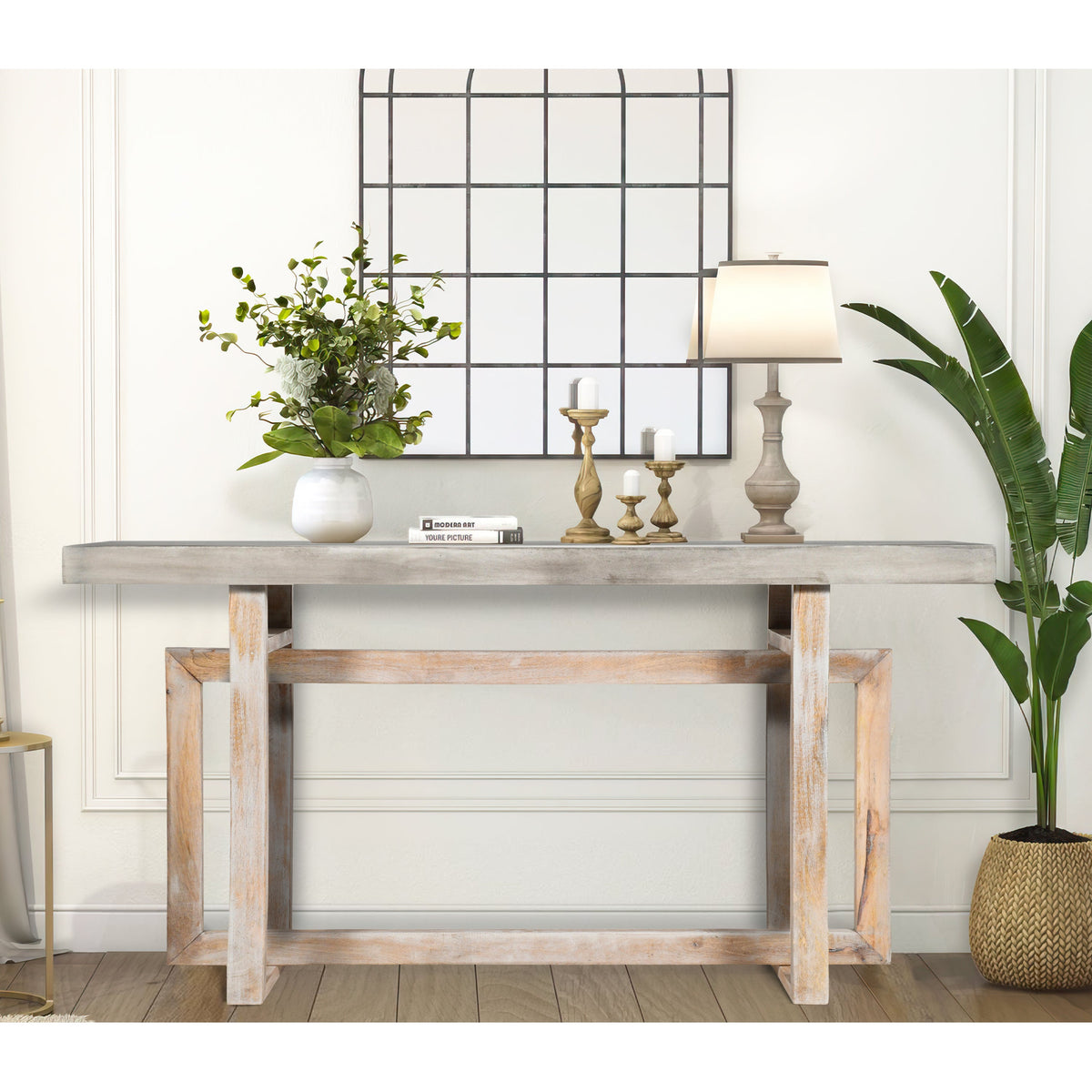 59 Inch Artisan Console Table with Geometric Base - Distressed Matte