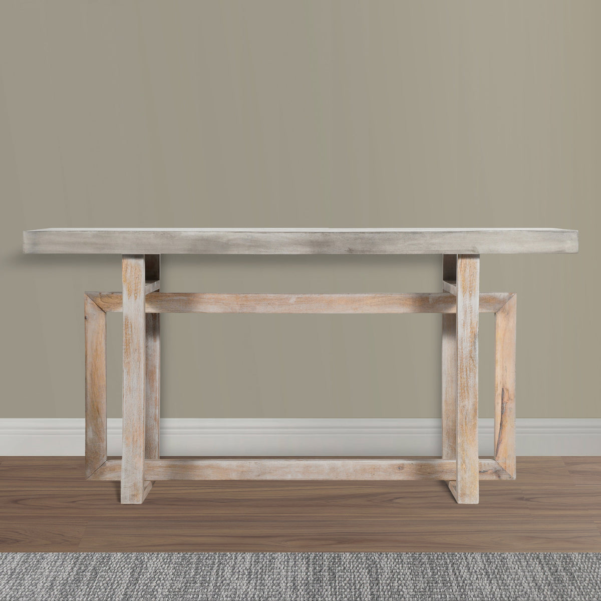 59 Inch Artisan Console Table with Geometric Base - Distressed Matte