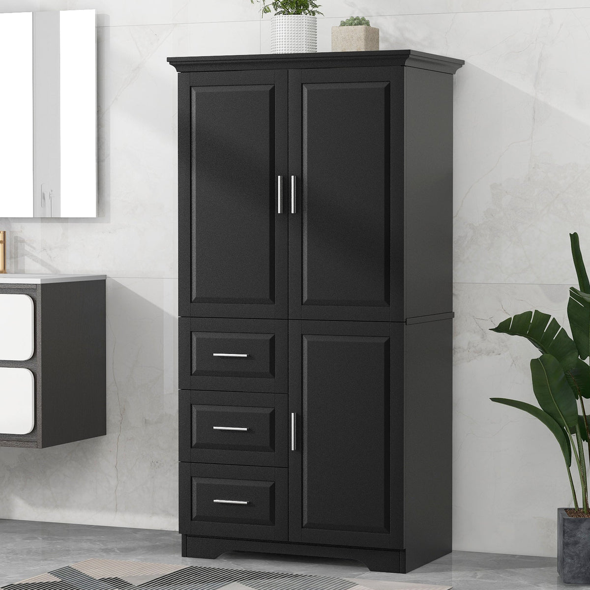Tall and Wide Storage Cabinet with Doors - Black