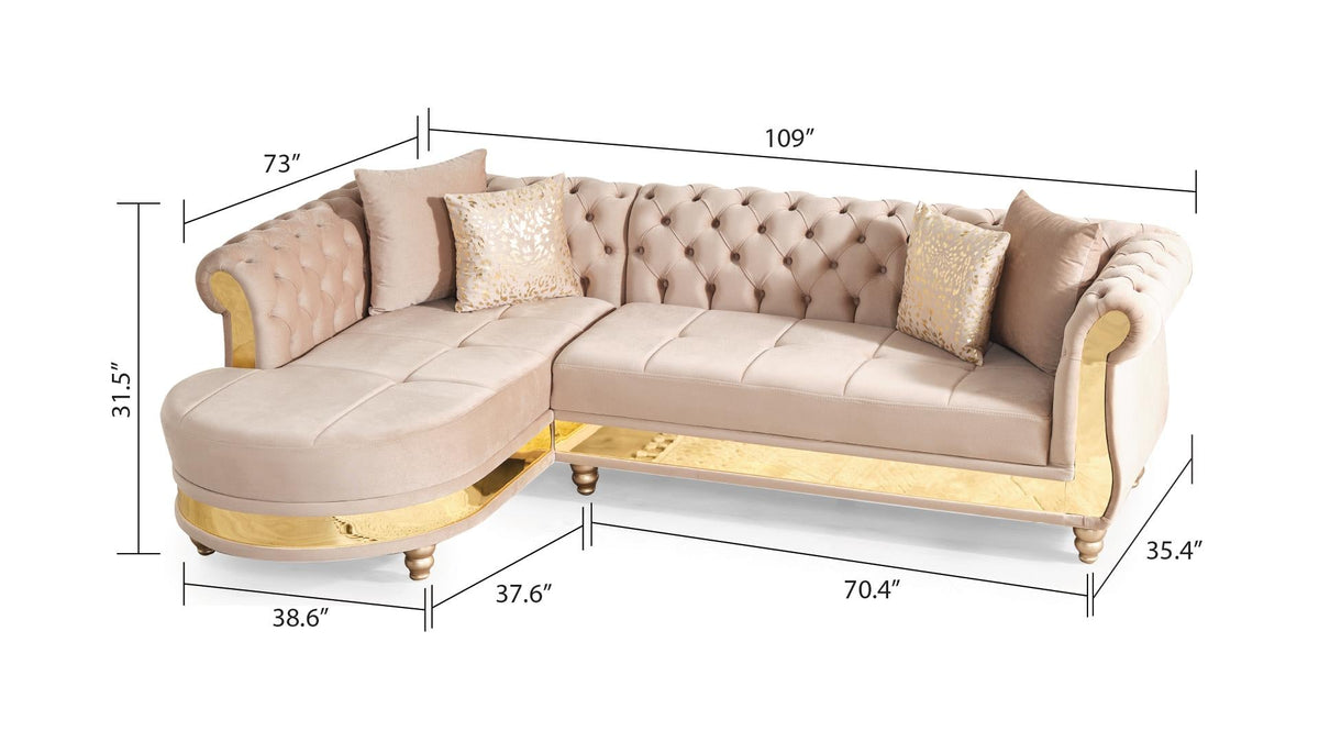 Gold Detailed Tufted Upholstery Sectional with Wood Legs - Taupe Velvet