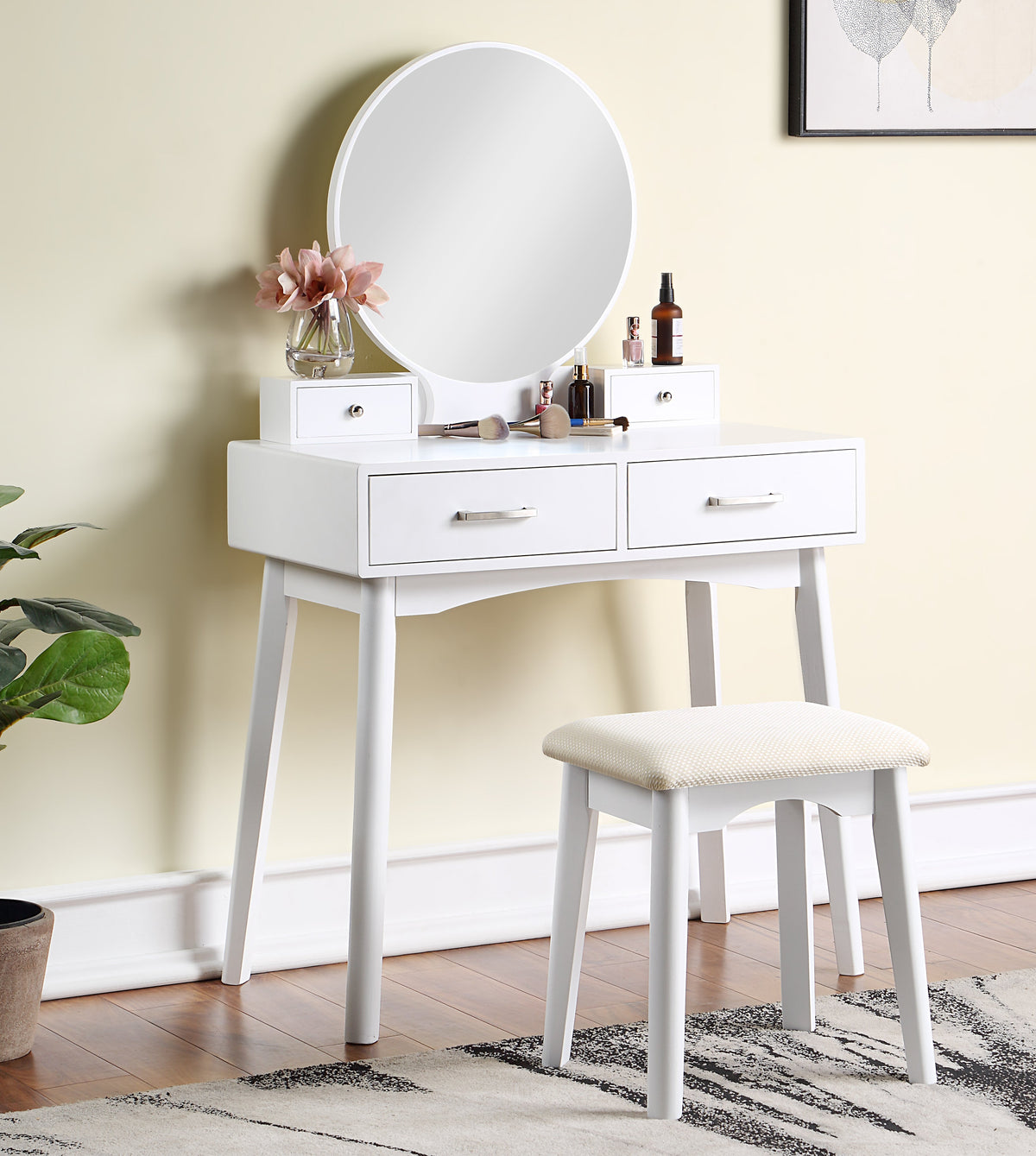 Liannon Contemporary Wood Vanity and Stool Set with Storage Drawers - Natural Wood