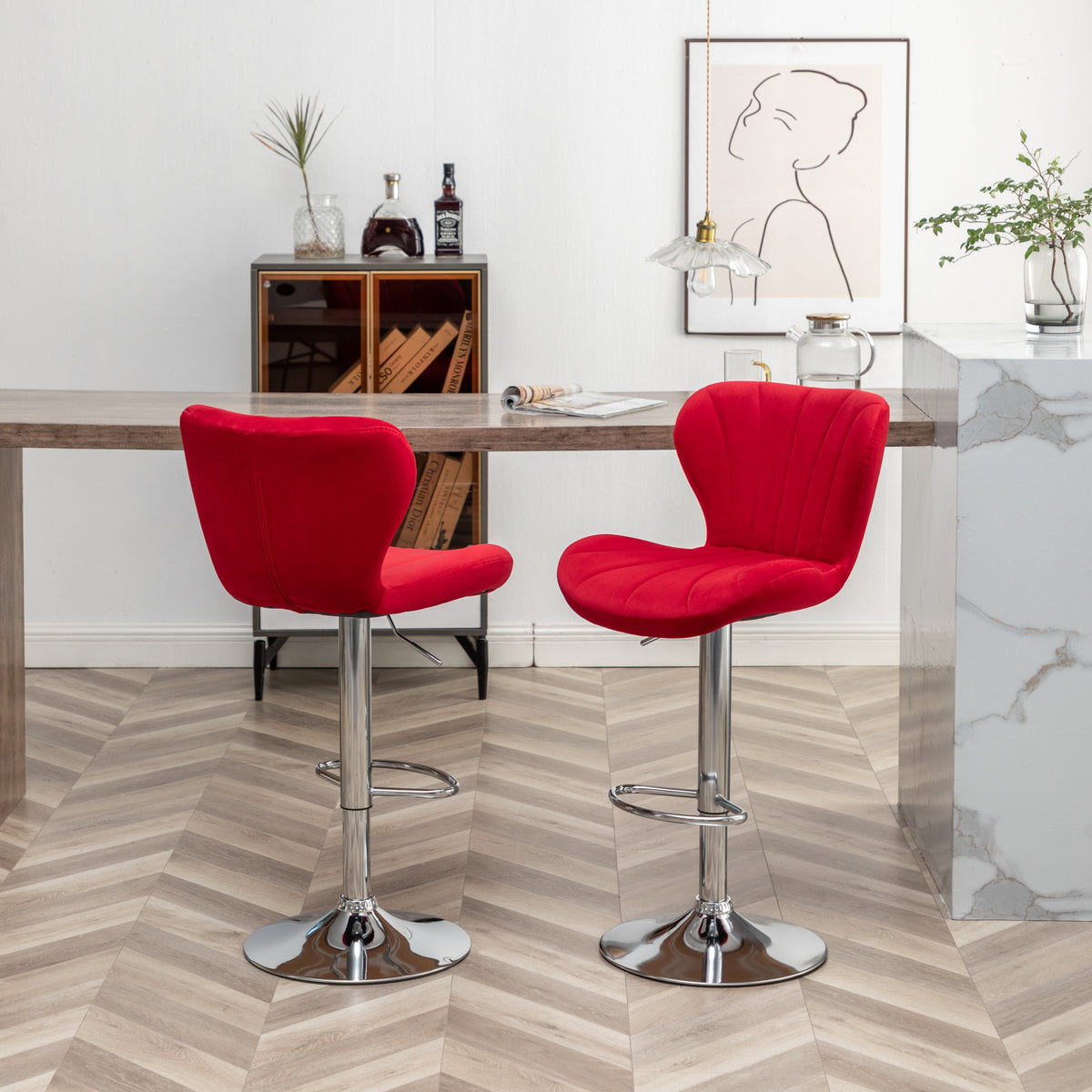 Adjustable Swivel Barstools with Chrome Finish and Upholstered Seat - Set of 2