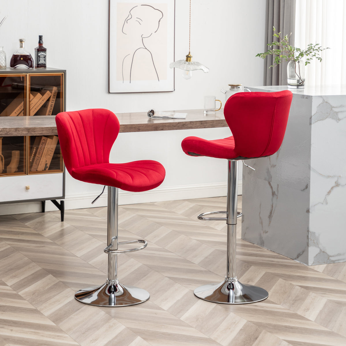 Adjustable Swivel Barstools with Chrome Finish and Upholstered Seat - Set of 2