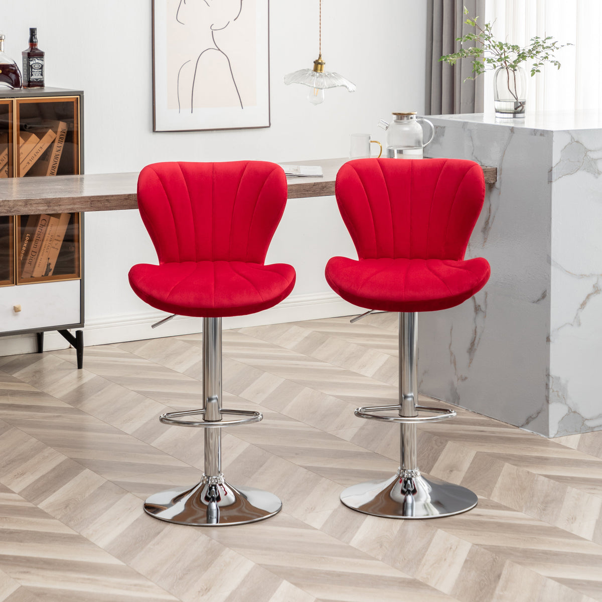 Adjustable Swivel Barstools with Chrome Finish and Upholstered Seat - Set of 2