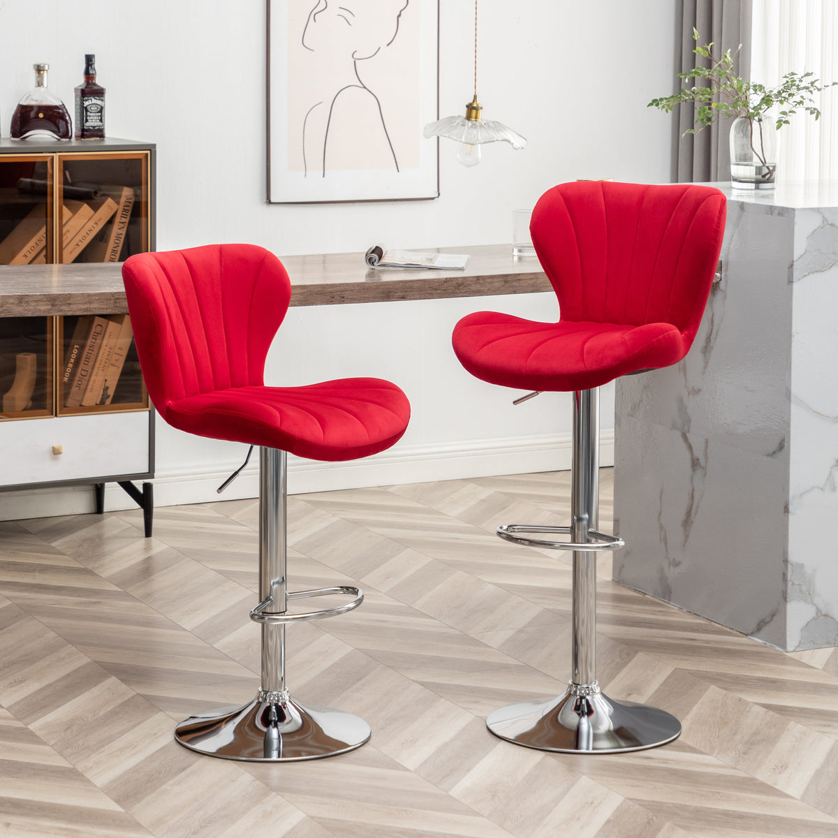 Adjustable Swivel Barstools with Chrome Finish and Upholstered Seat - Set of 2