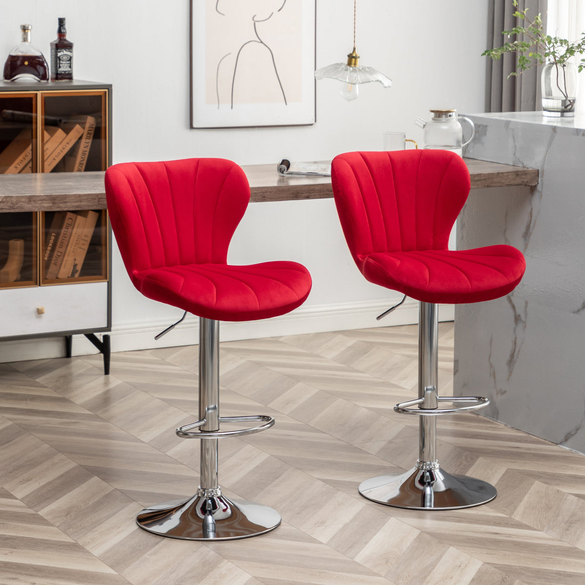 Adjustable Swivel Barstools with Chrome Finish and Upholstered Seat - Set of 2