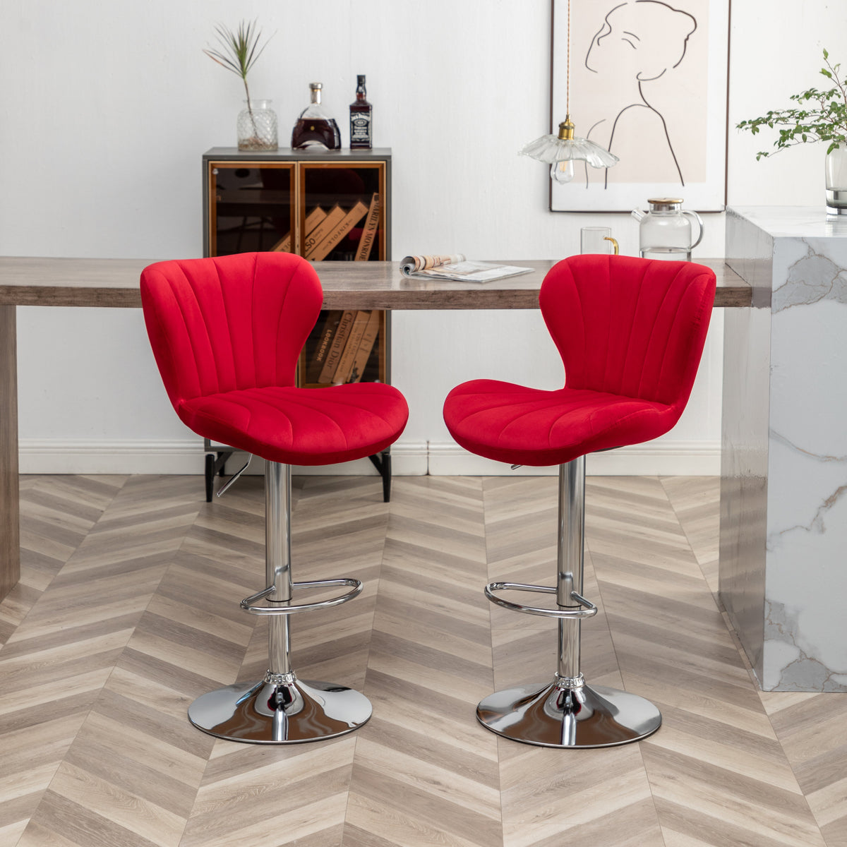 Adjustable Swivel Barstools with Chrome Finish and Upholstered Seat - Set of 2