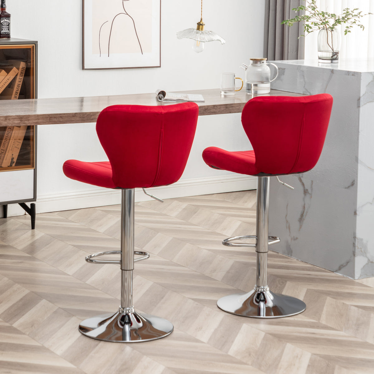 Adjustable Swivel Barstools with Chrome Finish and Upholstered Seat - Set of 2