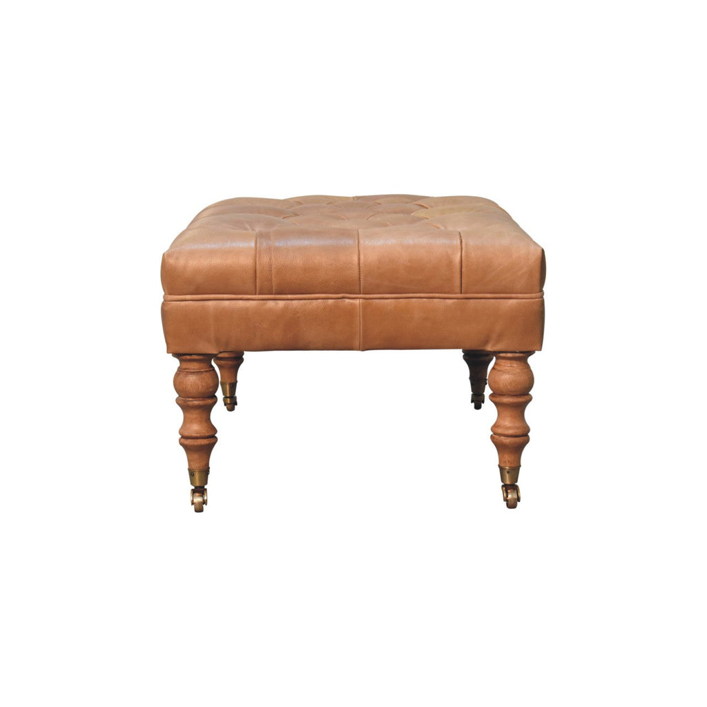 Buffalo Leather Ottoman with Castor Legs - Tan
