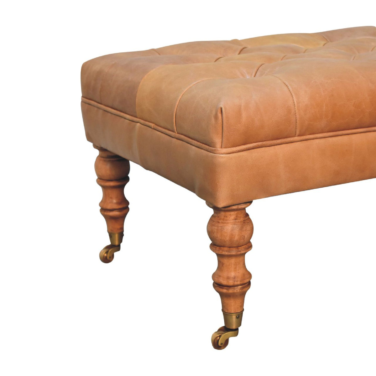 Buffalo Leather Ottoman with Castor Legs - Tan