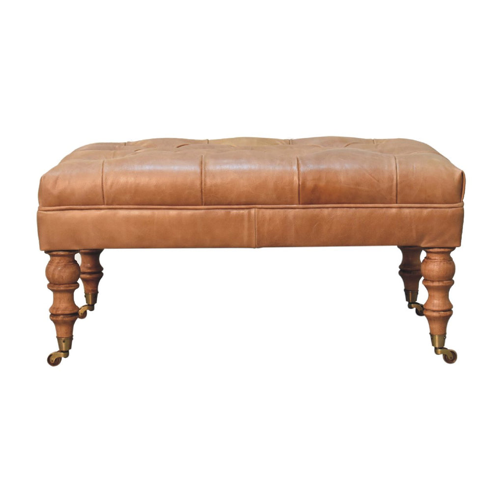 Buffalo Leather Ottoman with Castor Legs - Tan